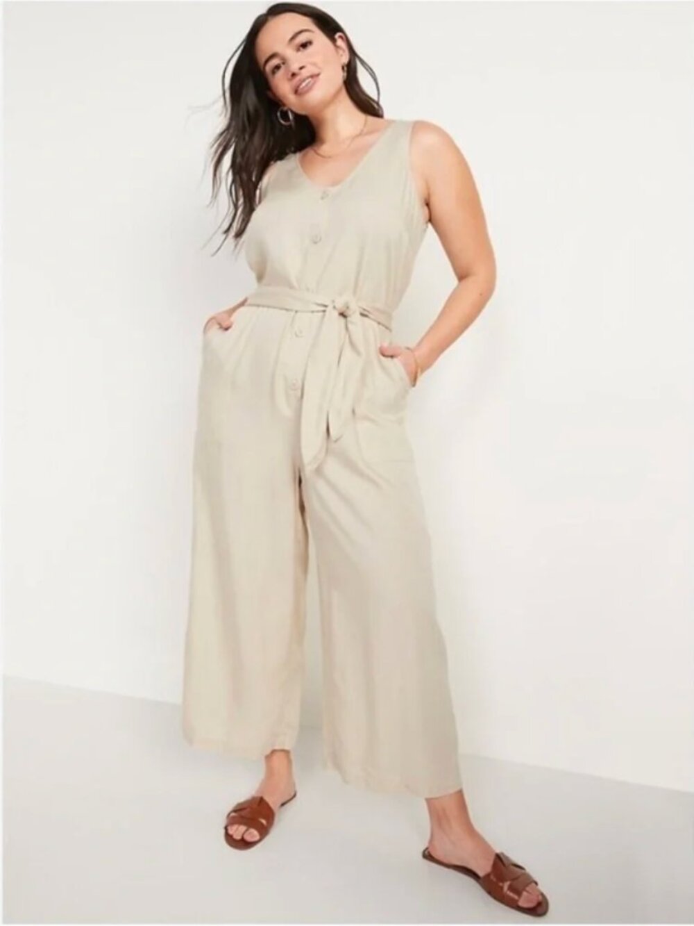 NWT Old Navy Linen Blend Jumpsuit Cream Wide Leg Tie Waist XL